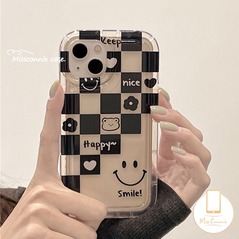 IPHONE Pasangan Kotak-Kotak Smiley Airbag Case Kompatibel Untuk Iphone11 14 13 12 Pro MAX XR 7Plus 8Plus 6 6S Plus X XS MAX SE 2020 Beruang Lucu Lembut Tpu Cinta Hati Ponsel Cover