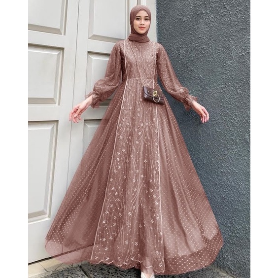 ELDE 12 - Maxi Venna Maxy Terusan Bahan Tile Mutiara Lapis Velvet dan Kombi Tile Onde Bagian Blkg Polos Velvet, Sleting dan Karet Blkg