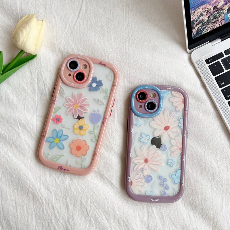 Daisy Flower Puff Case iPhone 11 12 13 14 Pro Max 14 Plus Women's Cute Pink Purple Sunflower Pretty Friends Gifts Soft Casing Cover