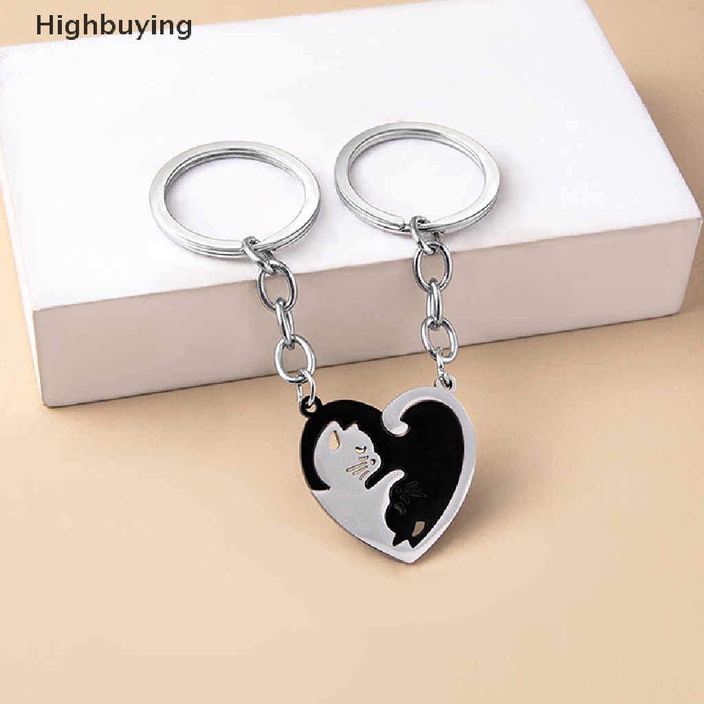 Hbid 1pasang Lucu Kucing Hitam Gantungan Kunci Patchwork Hati Bulat Pasangan Pecinta Keyring Stainless Steel Ransel Kunci Mobil Gantungan Perhiasan Glory