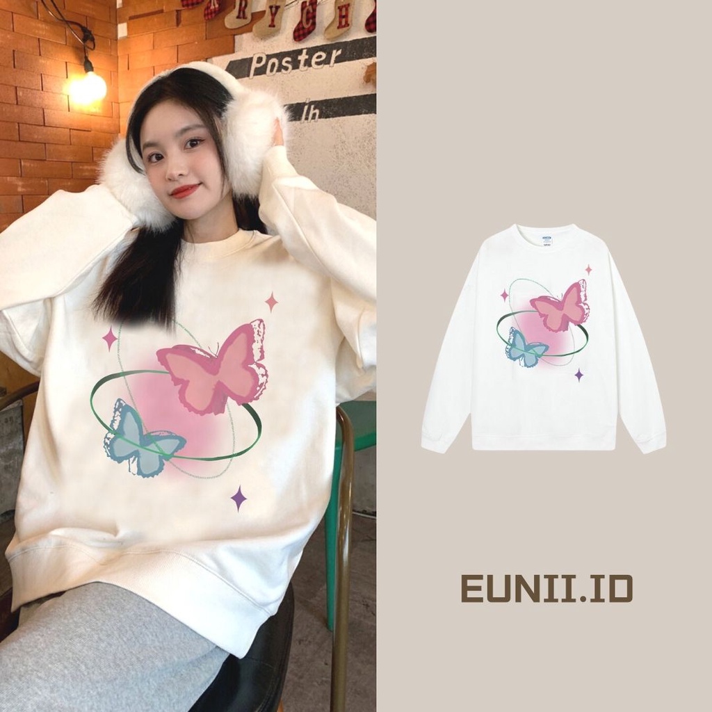 EUNII Sweater Lengan Panjang Cartoon Pink Butterfly Korean Style/Sweater Crop/Baju Wanita/Switer Wanita/Switer