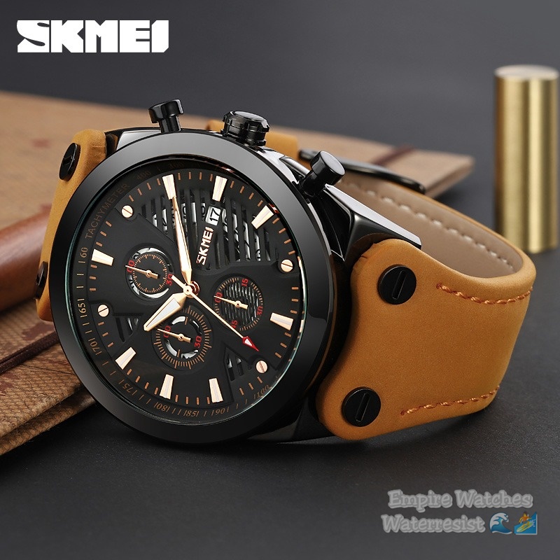 Jam Tangan Skmei 9282 Pria Cowok Analog Tanggal Dan Chrono Aktif Strap Leather Kualitas Original Waterproof