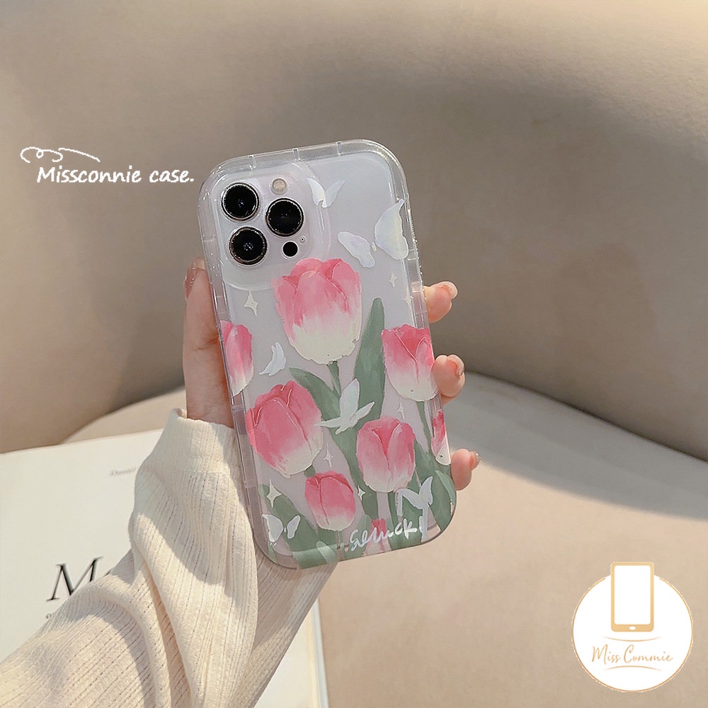 Ins Fashion Spring Fresh Flower Kompatibel Untuk iPhone 7Plus 11 14 12 13 Pro Max XR X 6s 7 8 6 Plus XS Max SE 2020 Fantasy Butterfly Tulips Transparan Airbag Shockproof Soft Cover