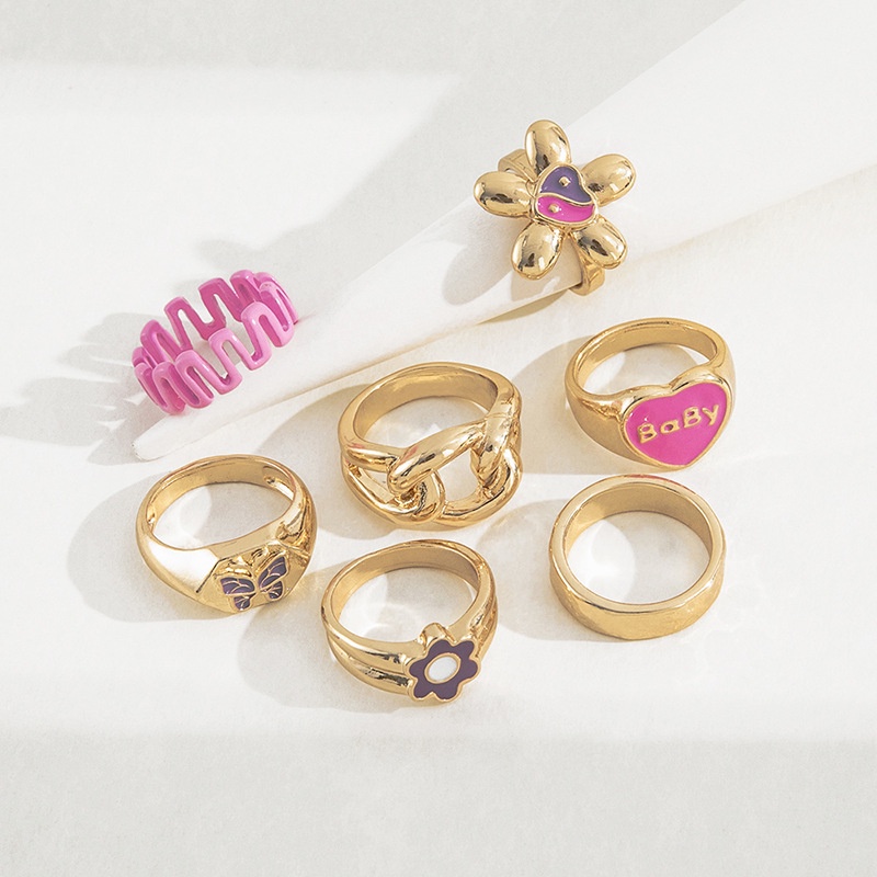 Fashion Gadis Berlebihan Warna Drop Minyak Kura-Kura Taiji Kupu-Kupu Bayi Surat Rantai Cincin Set Cincin