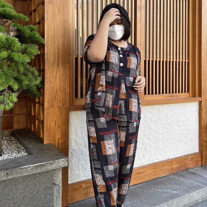 Genie one set piyama rayon motif kotak serat kayu