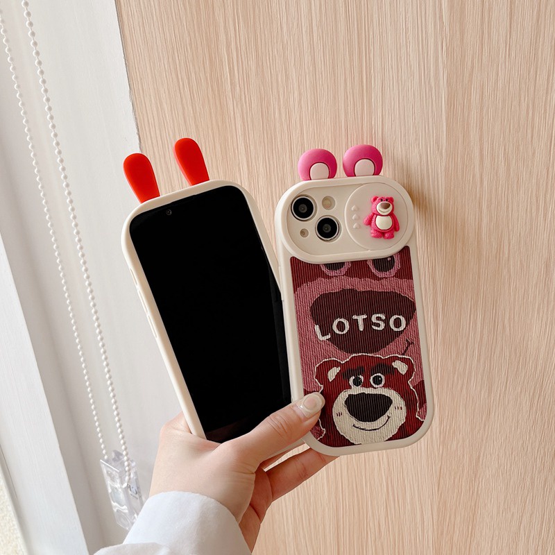 IPHONE Casing Kulit Lembut Pelindung Kamera Slide Dapat Didorong Untuk Iphone11 12 13 14 Pro Max 14 Plus Casing Phone Cover Cute Rose Red Bear Losto Womens Girl's Gifts cassing hp