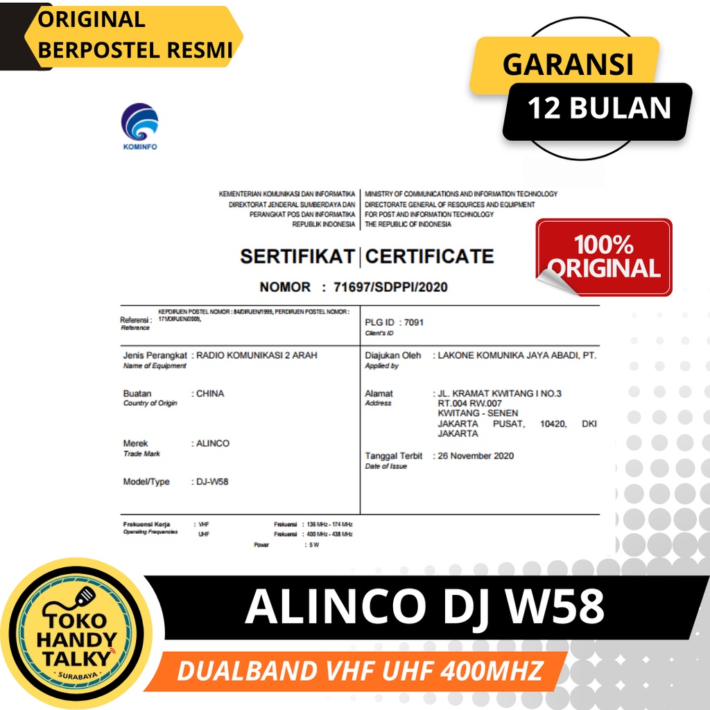 HANDY TALKY ALINCO DJ-W58  DJ W58 DUALBAND VHF UHF 400MHz WATERPROFF &amp; DUSTPROOF IP67 NEW ORIGINAL GARANSI RESMI POSTEL