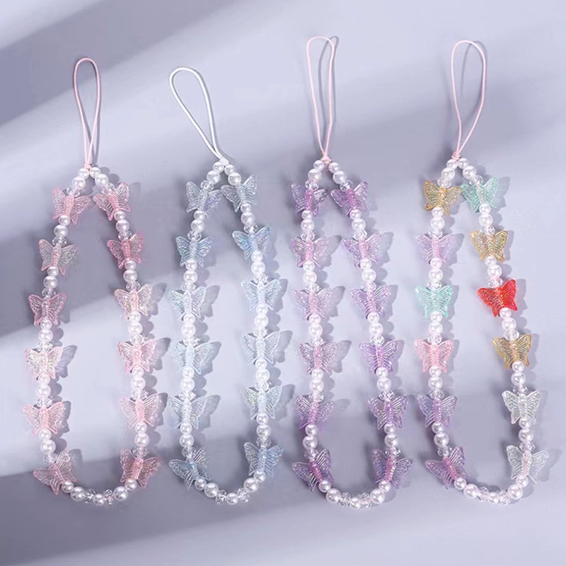 Kristal Mutiara Kupu-Kupu Ponsel Lanyard Manik-Manik Warna-Warni Ponsel Tali Dekorasi