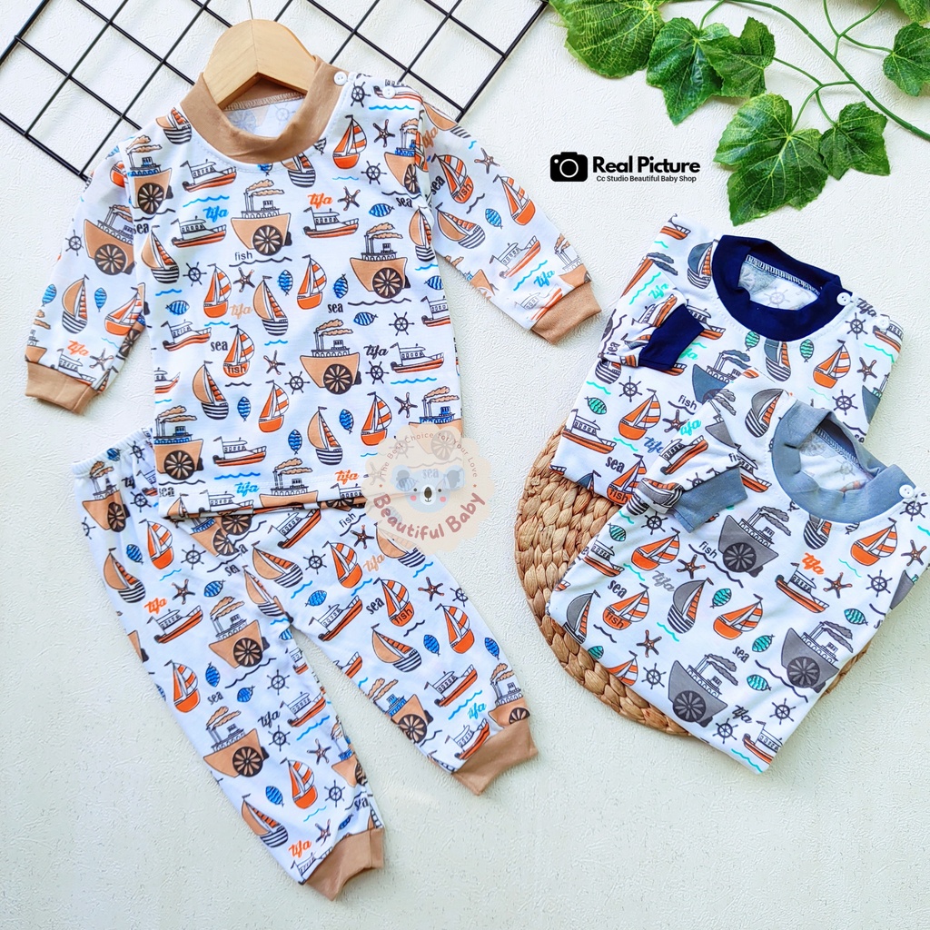 Setelan Baju Bayi Panjang Laki-laki Motif Kapal Laut / Piyama Bayi Laki-laki / Baju Tidur Bayi / Kaos Oblong Bayi &amp; Anak Kancing Pundak / Baby.ou