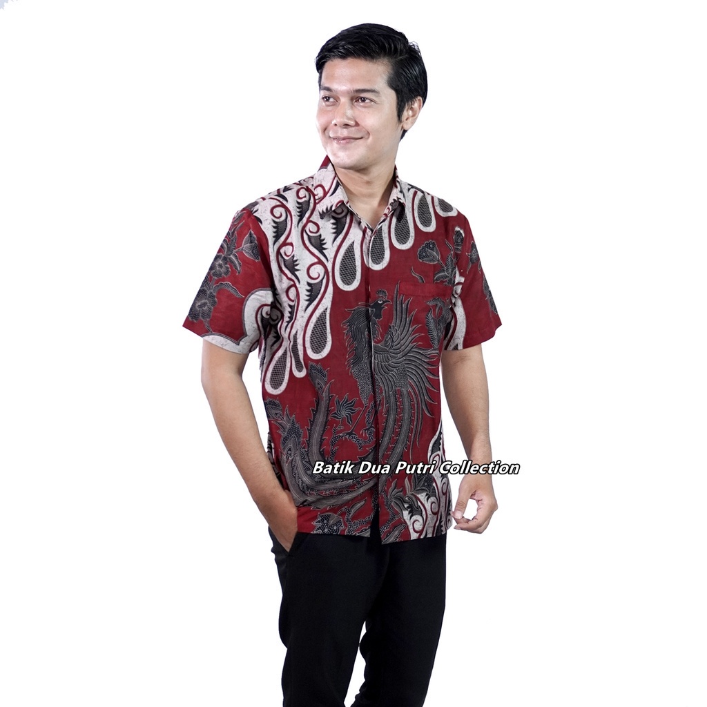 Couple Batik Dress Wanita Hem Pria Lengan Pendek Batik Merak Merah