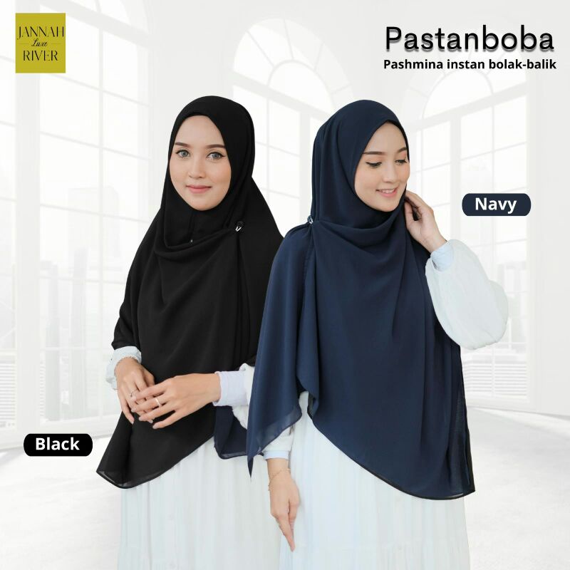 Jilbab Instan Kekinian Ori Jannah River || Phasmina Instan 2 Warna Bolak-balik Black-Navy || Pastanb