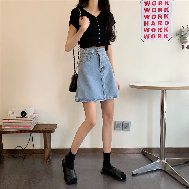 Biru Muda Rok Denim Rok Jeans Rok Pendek Fshion Wanita Pinggang Tinggi Skirt Korean Style Rok Vintage Simple