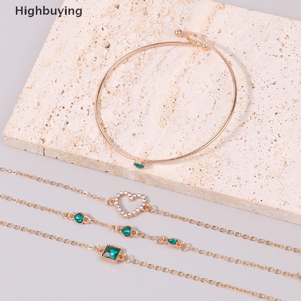 Hbid 4Pcs/Set Tergabung Batu Permata Hijau Gelang Set Perhiasan Untuk Wanita Gadis Jantung Gelang Pernikahan Pertunangan Gelang Fashion Pesta Perhiasan Hadiah Glory