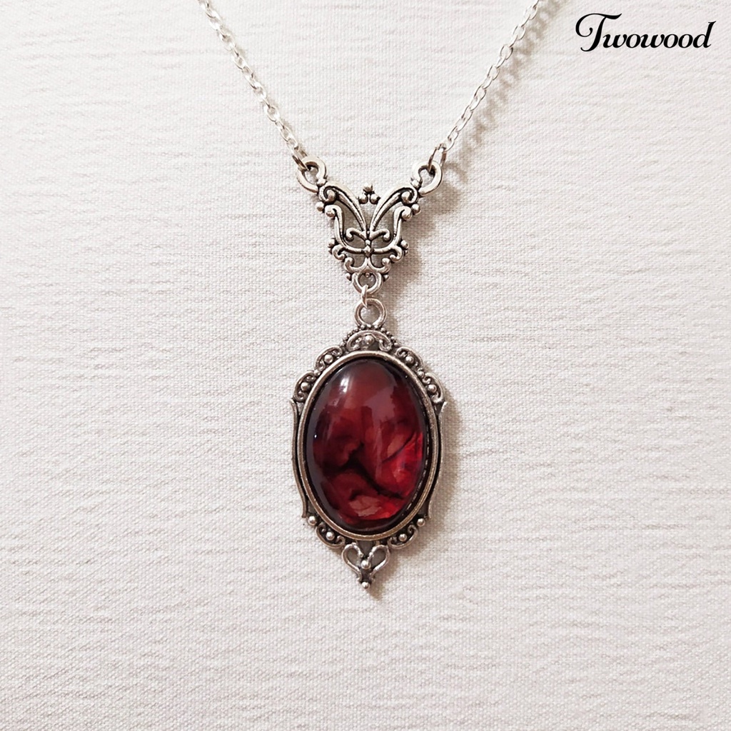 Twowood Liontin Kalung Elegan Oval Desain Vintage Indah Merah Kuarsa Pesona Kalung Kupu-Kupu Kalung Pakaian Sehari-Hari