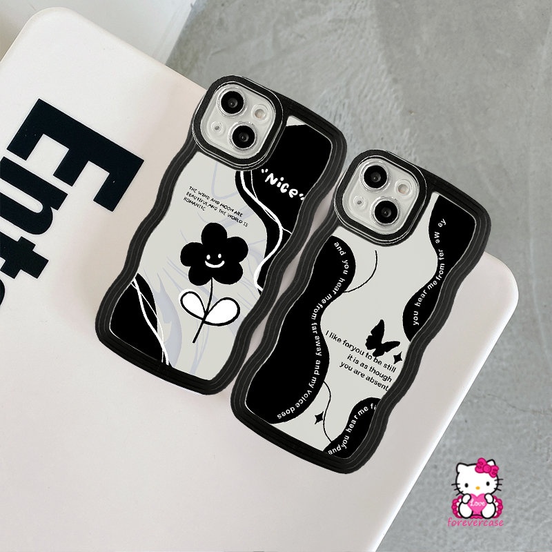 Oppo A15 A57 A5s A52 A17 A96 A74 A77 A7 A12 A95 A16s A9 A55 A54 A76 A16 A1k A53 A16K A77s A3s A17K A5 Reno 8 7 8Z 6retro Black Flower Vintage Kupu Wavy Edge Soft Tpu Sarung