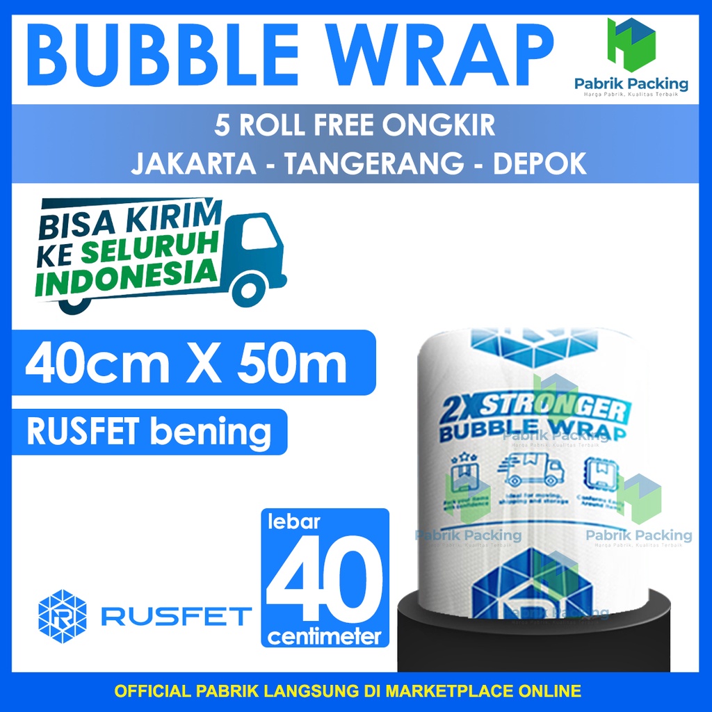 

Bubble Wrap Rusfet Bening 40CM X 50M Tebal Plastik Bubblewrap Roll