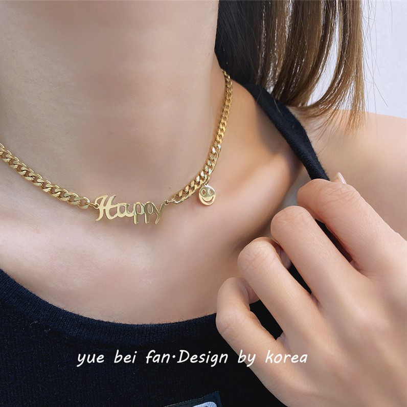 Kalung 18k Titanium Steel Desain Tulisan HAPPY Smile Face Gaya Hip Hop Korea Jepang