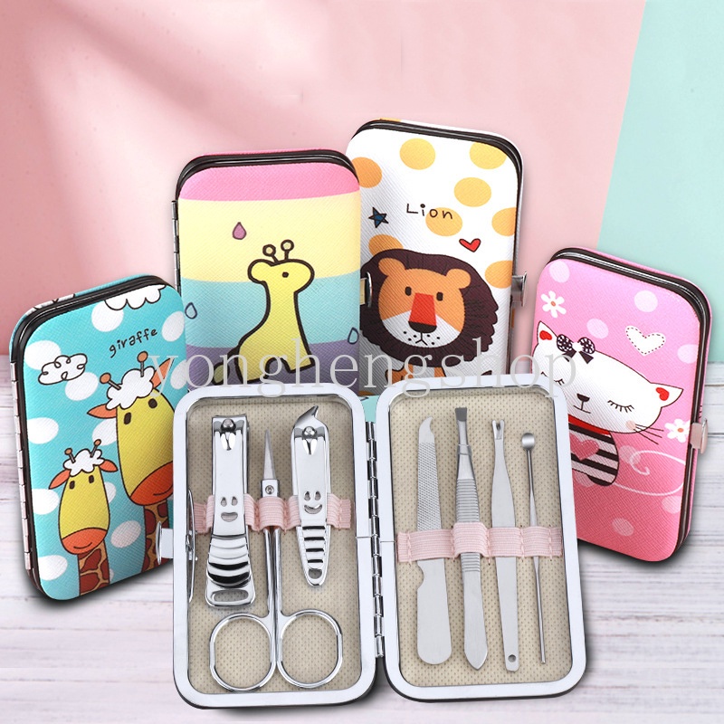 7pcs / Set Gunting Kuku Motif Kartun Bahan Stainless Steel Untuk Manicure Pedicure