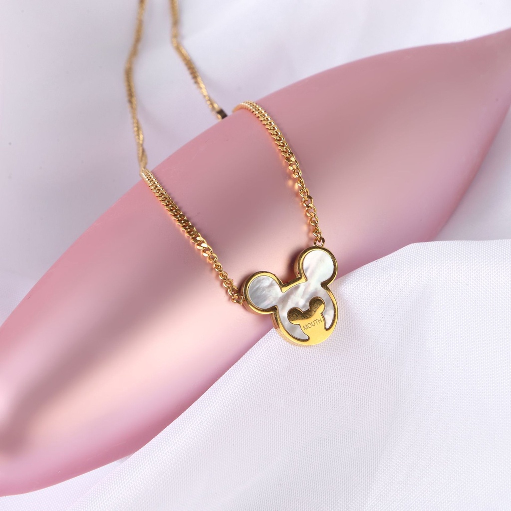 Kalung Mutiara Putih Alami | Kalung Rantai Dengan Liontin Beruang | Rose Gold 18k | Aksesoris Bahan Stainless Steel Untuk Wanita