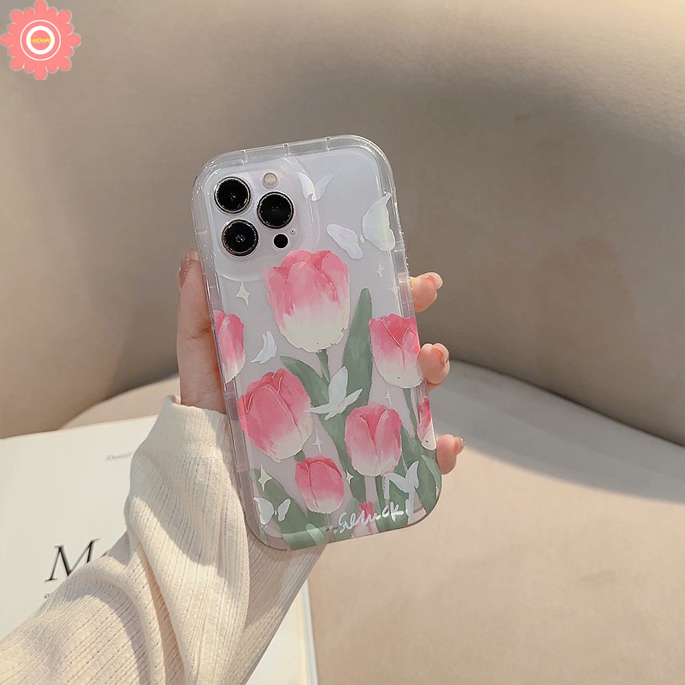 IPHONE Airbag Shockproof Case Kompatibel Untuk Iphone7 8 Plus 6 6S 11 14 13 12 Pro MAX XR X XS MAX Spring Fresh Flower Fantasy Butterfly Tulips Transparan Soft Casing Cover