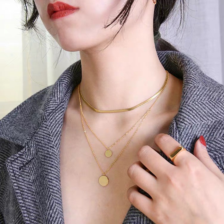 Kalung Bentuk Bulat Kecil | Kalung Rantai Dua Lapis Untuk Sweater | Emas 18k | Sendok Garpu Bahan Stainless Steel | Bahan Titanium Steel | Aksesoris Wanita