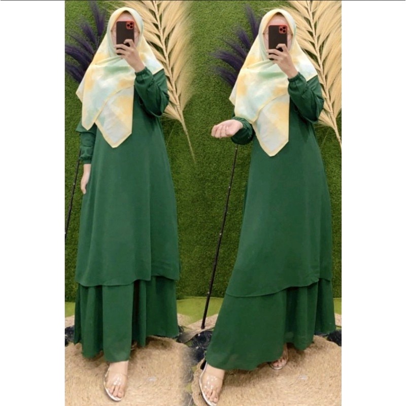 HQ Dress / Gamis Hari Raya Lebaran Hijau Botol Lumut Polos Jumbo Simpel Elegan Realpic Kekinian 2XL 