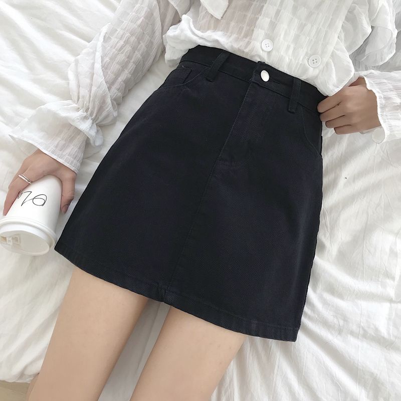 Rok Jeans Pendek A-Line Rok Denim Skirt Pinggang Tinggi Gaya Korea