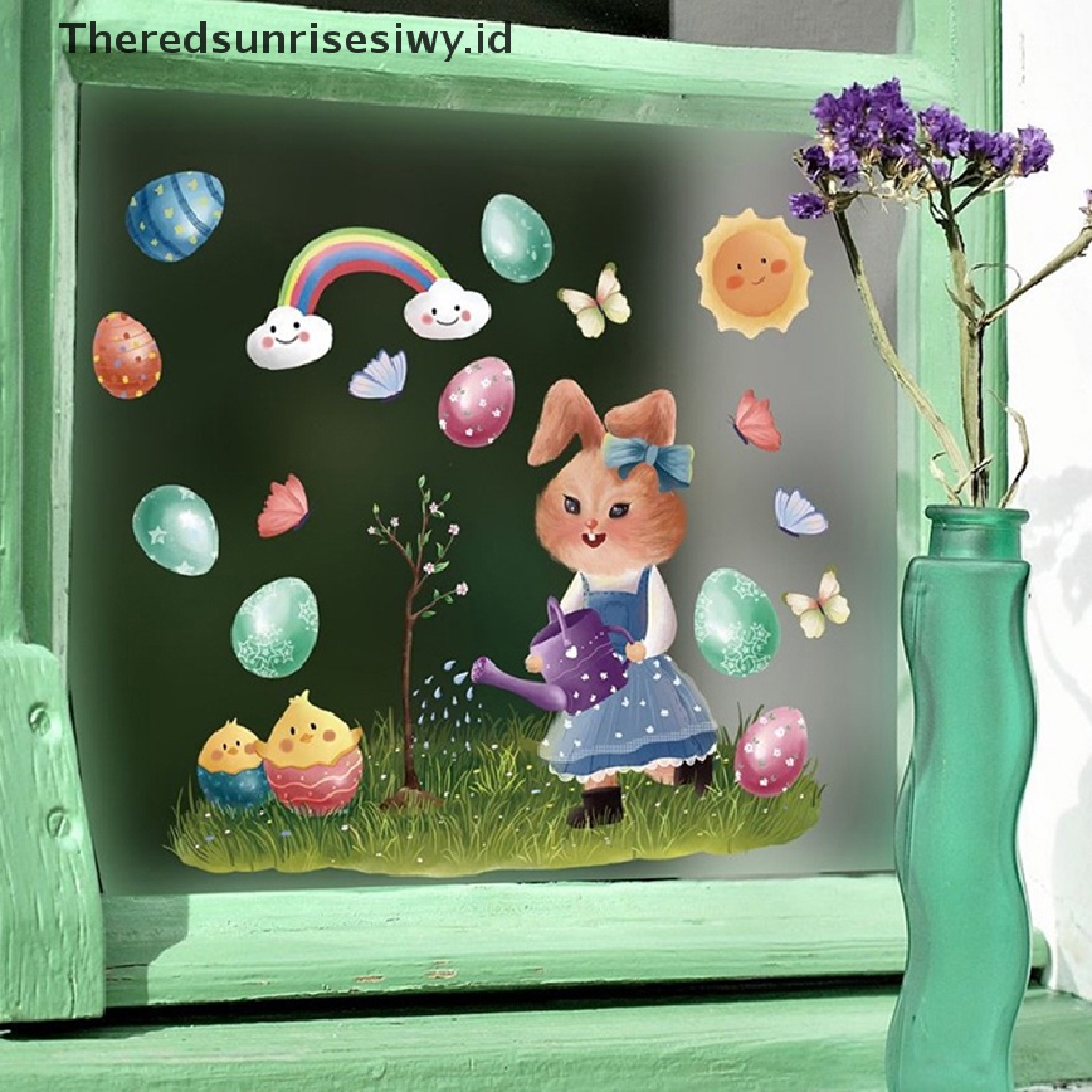 # Baju Lebaran # 1pc Stiker Jendela Kaca Happy Easter Colorful Bunny Eggs Wall Decal 20x30cm~