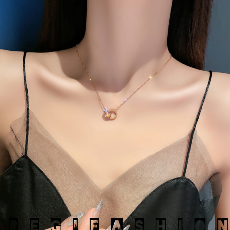 { COD } Kalung Titanium Wanita Korea Emas Lapis 18K Kalung Wanita Liontin Ring Permata Tanam Kalung Wanita Anti Karat Tidak Luntur