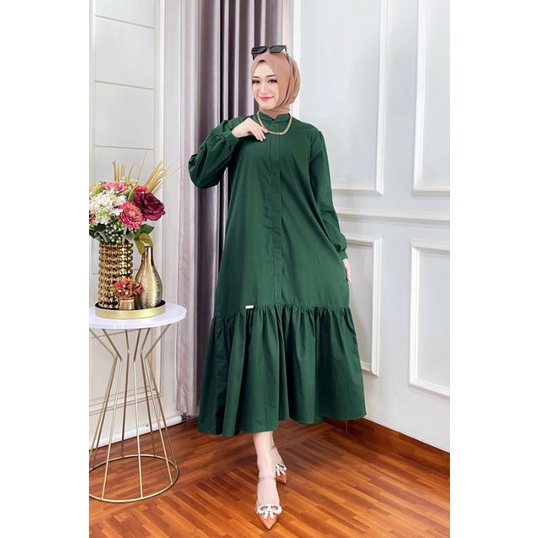 ZURA DRESS MIDI HIJAU BOTOL,KAIN KATUN POPLIN PREMIUMM