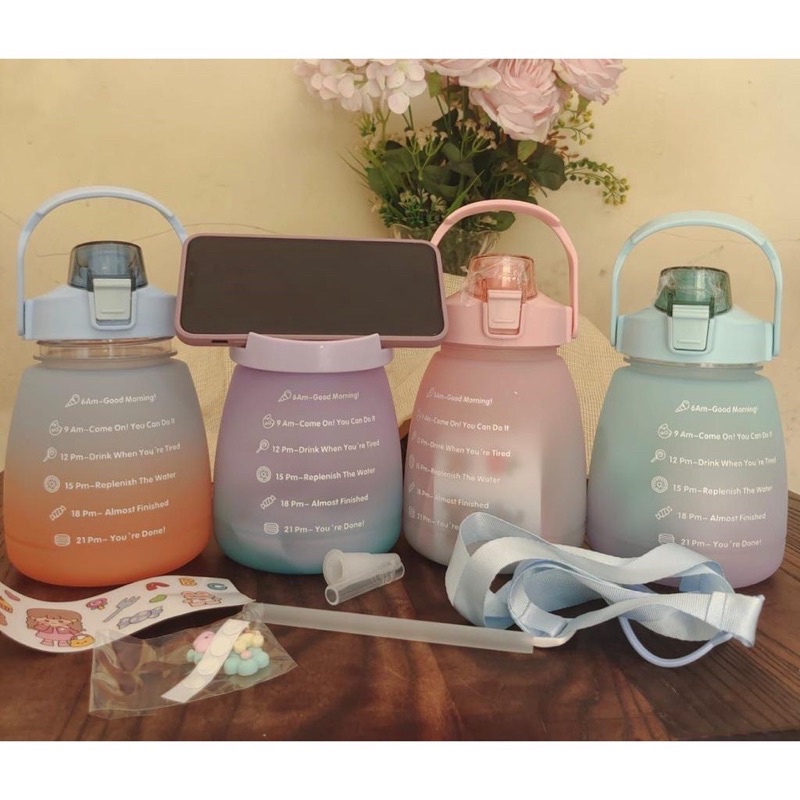 Botol Minum 1300ML 1.3 Liter Korea VIRAL / Botol Gradasi / Botol Lucu Gemoy Free stiker 2D dan3D &amp; Tali Gantungan Panjang