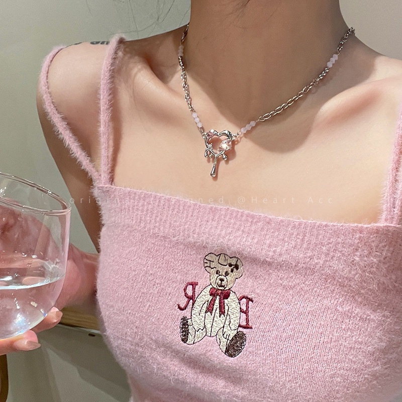 IFYOU Kalung Liontin Kristal Pink Hati Choker Rantai Silver Untuk Aksesoris Perhiasan Wanita