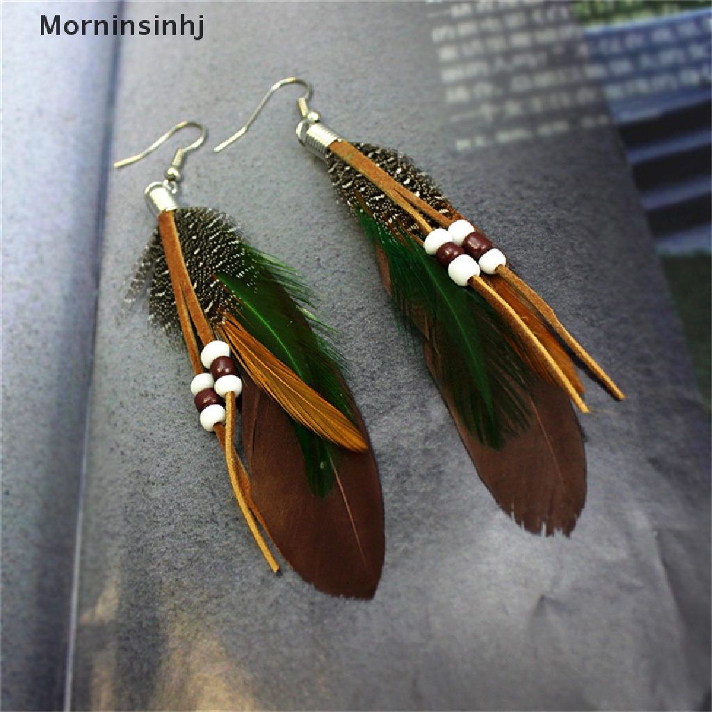 Mornin Fashion Rumbai Menjuntai Anting Bulu Manik Kulit Anting Indian Feathers id