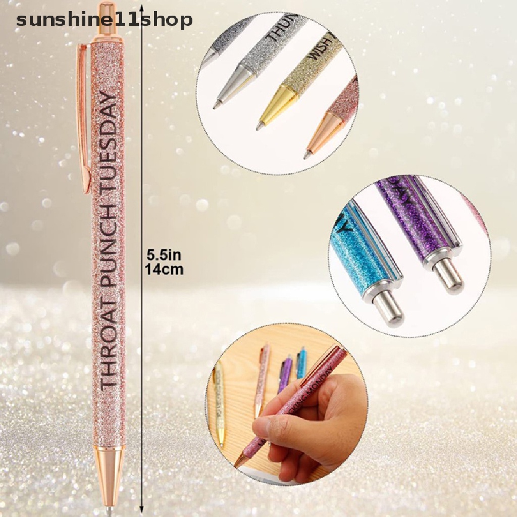 Sho 7pcs Pulpen Ballpoint Lucu Novelty Daily Pen Set, Gifta Kantor Ofensif, Weekday Vibes Glitter Pen Set N