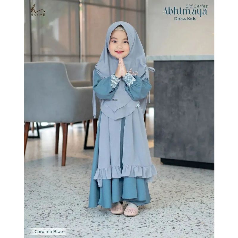 Abhimaya syari kids set khimar gamis anak usia 3-5 tahun (L) 6-8 tahun (XL) bahan ceruty