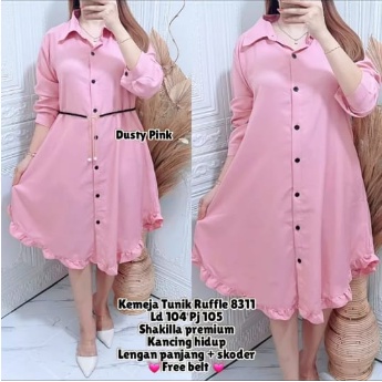 TUNIK RUFFLE REMPEL BAWAH TERMURAH FREE BELT. BAHAN KATUN MICRO LD 100 - 125/ ATASAN WANITA/ KEMEJA 