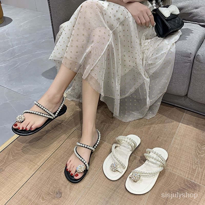 #Sisjuly# Sandal wanita sandal pantai mutiara bawah datar wanita baru sandal pantai mutiara sandal s