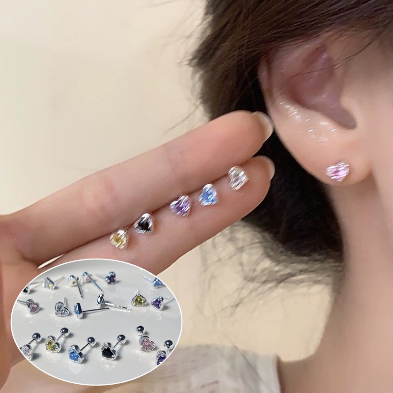 S925 Perak Jarum Stud Anting Zirkon Warna-Warni Jantung Cochlear Stud Telinga Perhiasan