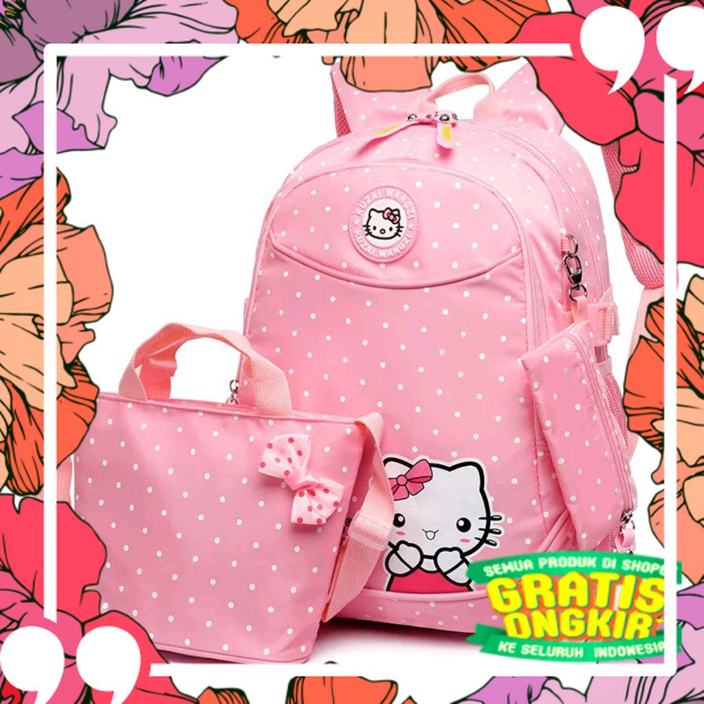 READY TAS ANAK ANAK CEWEK 3 IN 1 HELLO KITTY FASHION TK SD SMP LUCU PINK UNGU KADO HADIAH RANSEL SEL