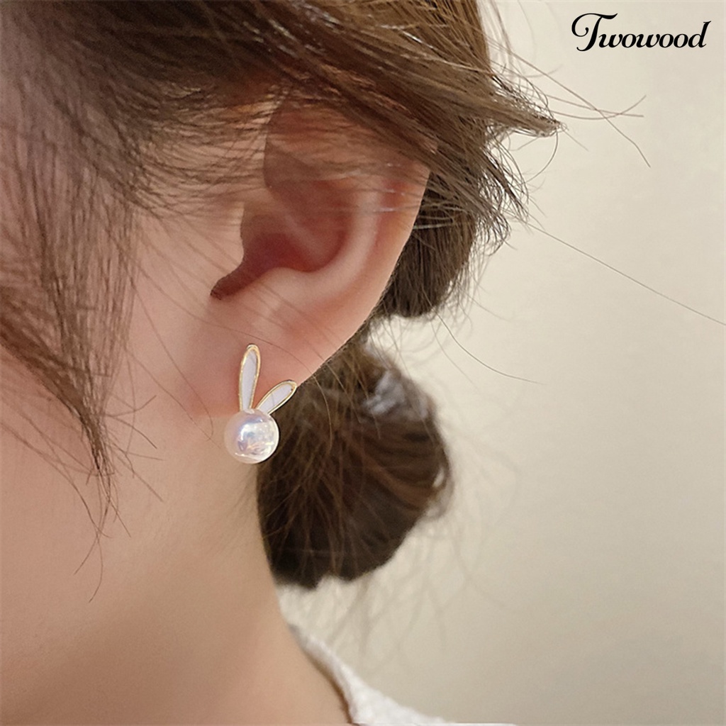 Twowood 1pasang Ear Studs Berlian Imitasi Bertatahkan Dainty Hadiah Hari Valentine High Gloss Faux Pearl Rabbit Kelinci Wanita Anting Perhiasan Fashion