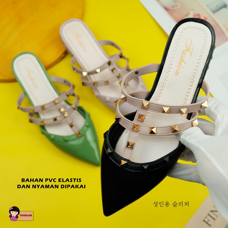 Minipetite SD2222 Sepatu Sendal Wanita Import Sepatu Sandal Remaja Flatshoes Lancip 36-40 Mules Heels Glossy