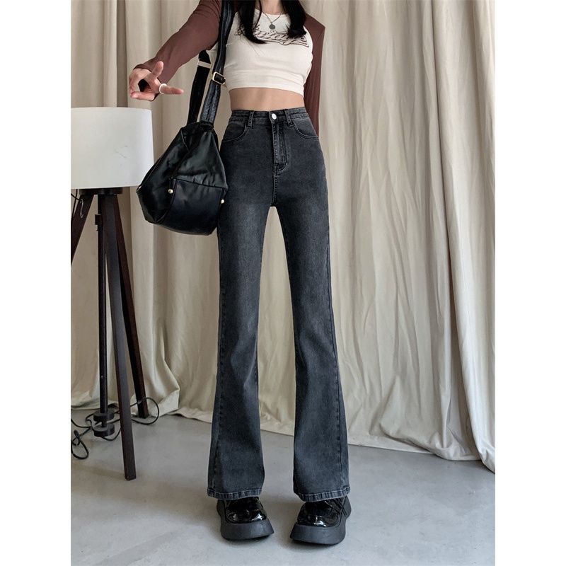 Highwaist Fashion Elastis Celana Cutbray Jeans Wanita Abu abu