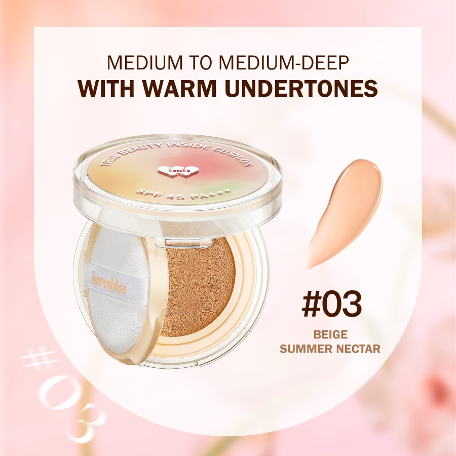 BNB barenbliss Korean Bloomatte True Beauty Inside Cushion Light Petal, Medium Bloss, Beige Summer, Percelain, Ivory Bloss