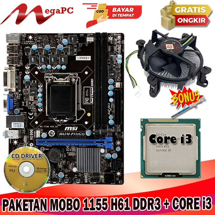 Paket Mainboard LGA 1155 H61 DDR3 + Processor Core I3 3220 + FAN