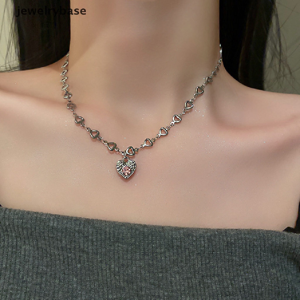 [jewelrybase] Punk Merah Muda Berlian Cinta Hati Liontin Pendek Kalung Jantung Liontin Choker Klavikula Rantai Untuk Wanita Goth Vintage Fashion Pesona Kalung Butik