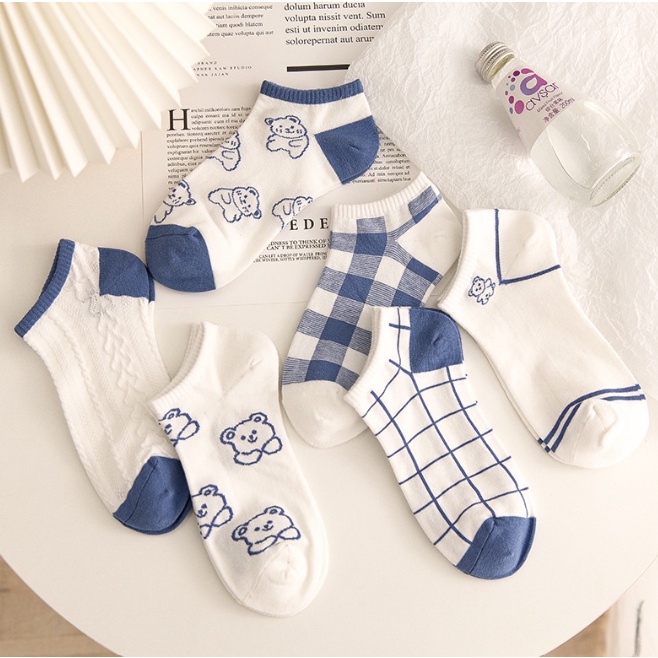 BAJ Kaos Kaki Wanita Pria Pendek SS211 Kaos Kaki Beruang Unisex Semata Mata Kaki Ankle Motif Bear Kotak-Kotak Garis Biru Socks Korean Model Simple Cute SS211