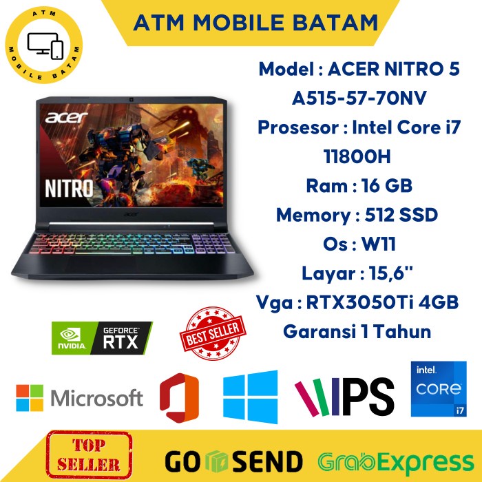 Laptop Acer Nitro AN515 57 70NV I7 11800H 16/512GB RTX3050Ti 4GB