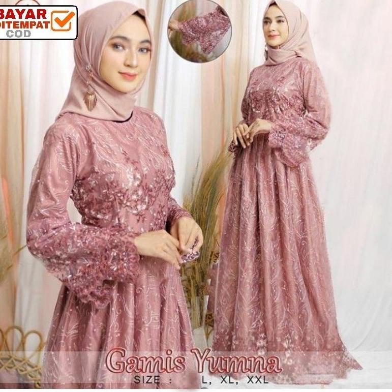 Size L XL XXL / Gamis Pesta / Gamis Jumbo / Maxi Dress / Gamis Tile / Gamis Maxi Brokat Yumna (KODE 