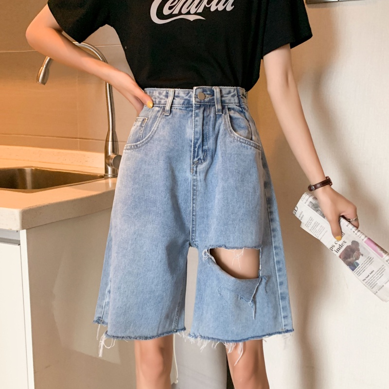 2023 New Biru Highwaist Robek Celana Jeans Pendek Wanita Rawis