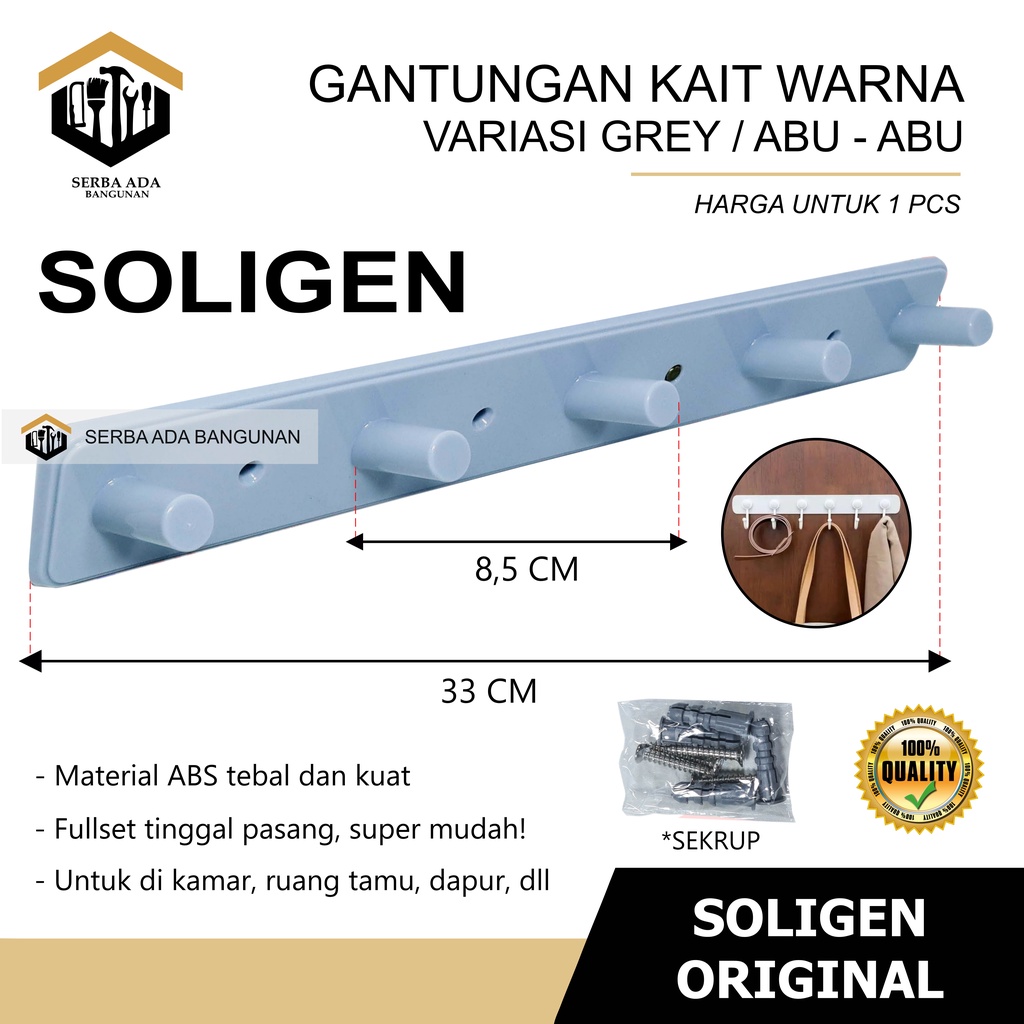 Gantungan Baju SOLIGEN Hanger 5 Kait Plastik PVC Kapstok Dinding Tembok Cantolan